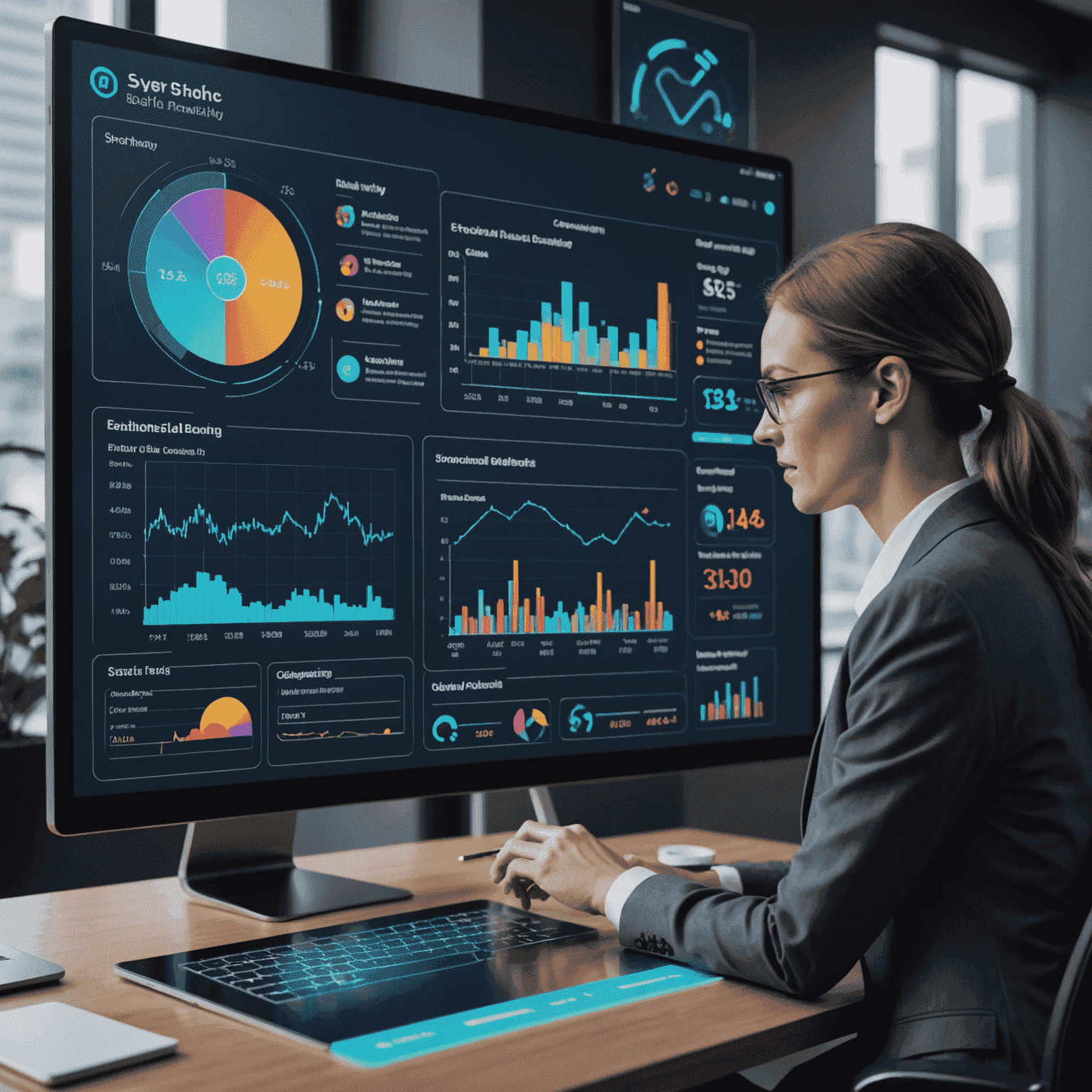 A futuristic banking interface showing AI-powered financial analysis and personalized recommendations. The image displays holographic charts, graphs, and a virtual assistant interacting with customer data.