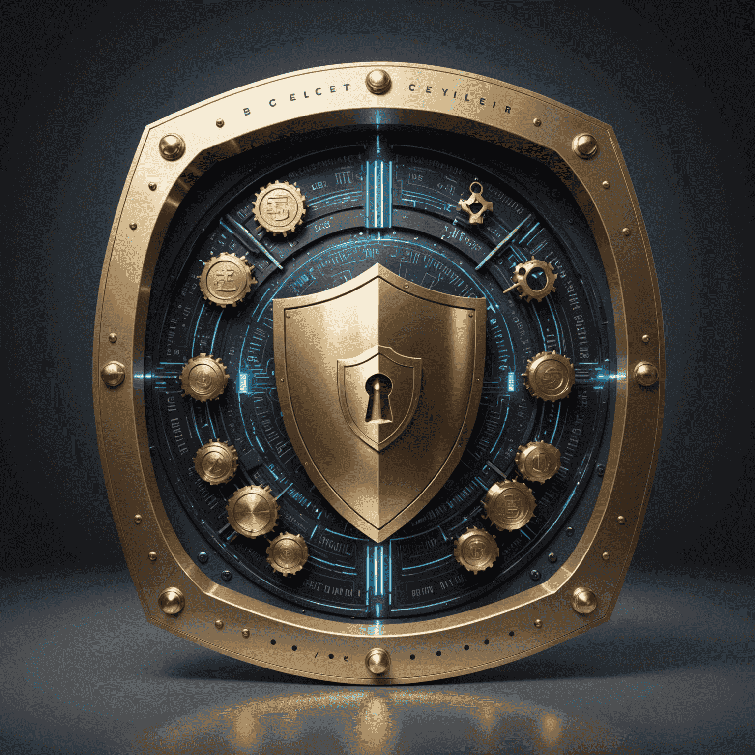 A secure digital vault with financial symbols and a protective shield, representing cybersecurity in FinTech