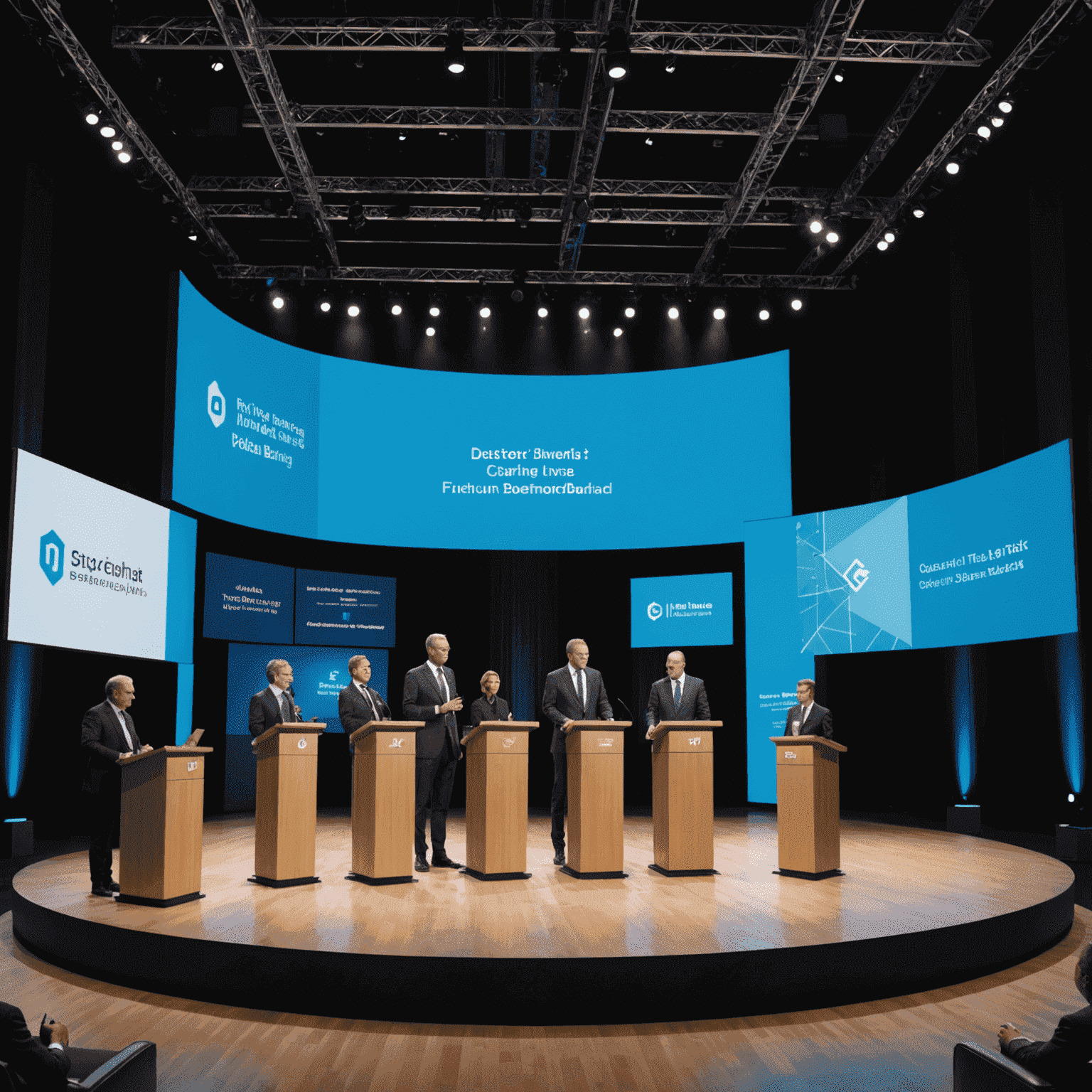 A stage with a podium and large screens, showcasing industry leaders presenting cutting-edge FinTech and Digital Banking insights