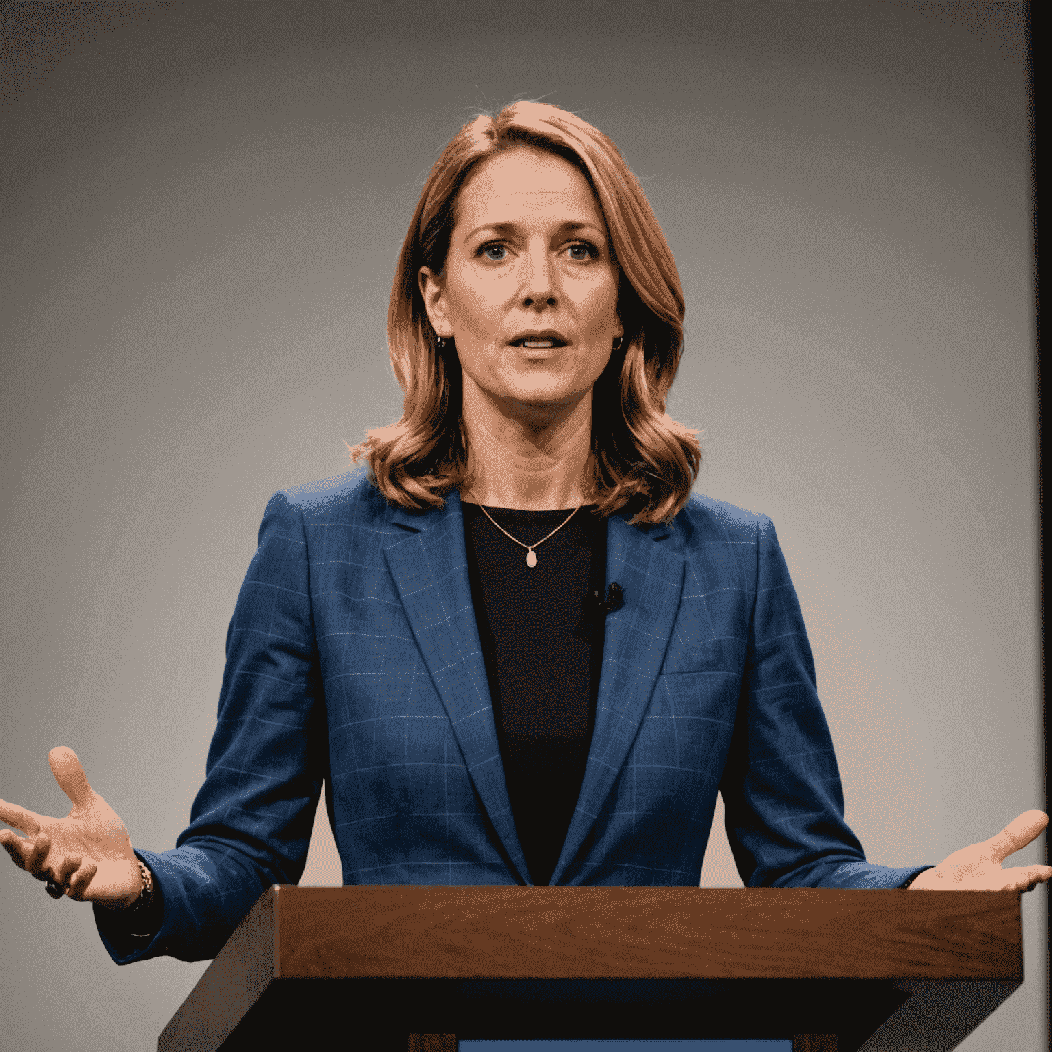 Sarah Johnson, CEO of TechFin Innovations, speaking at a podium about AI in financial services