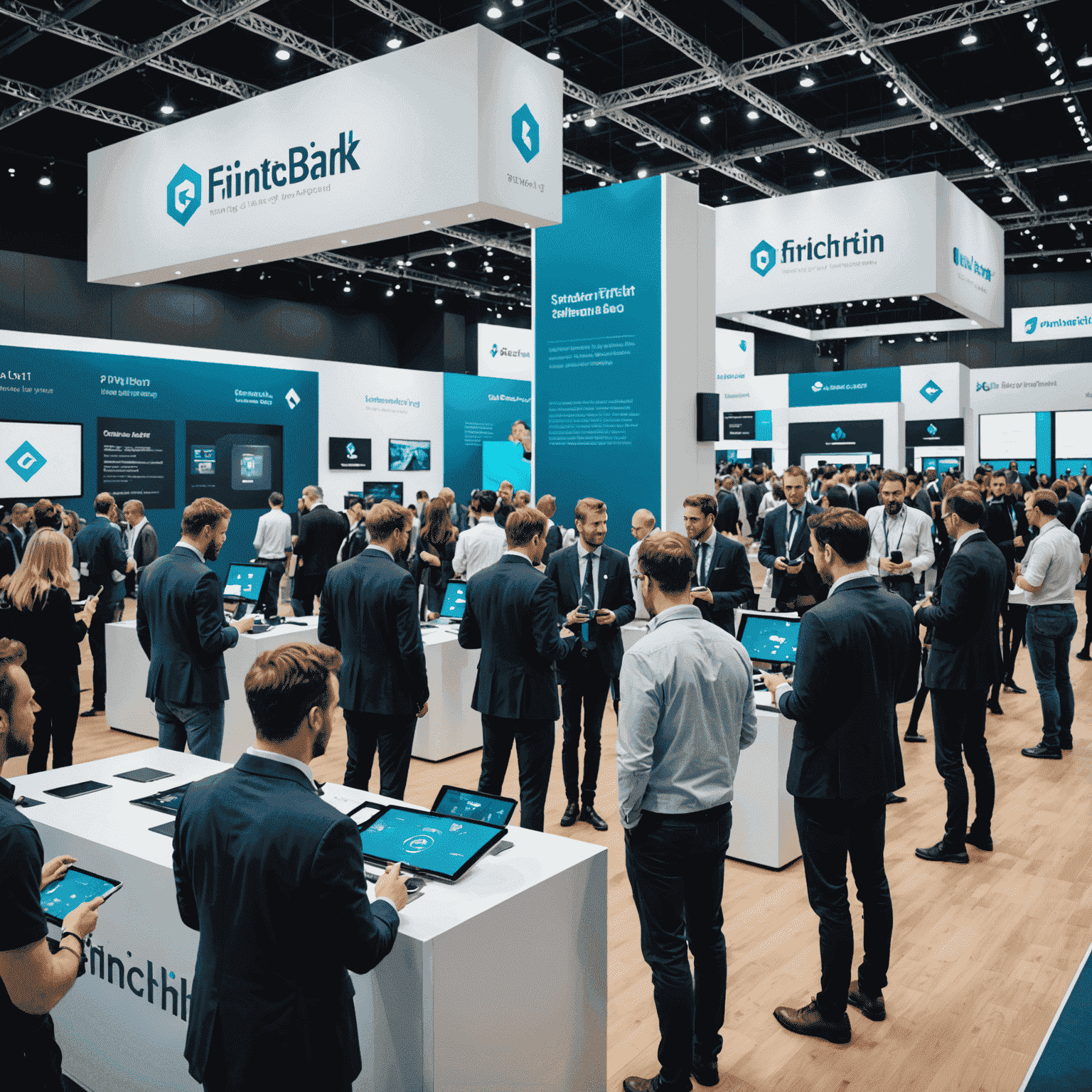 A large exhibition hall filled with booths showcasing various FinTech and banking technologies. Attendees are seen interacting with touchscreen displays and VR demonstrations.