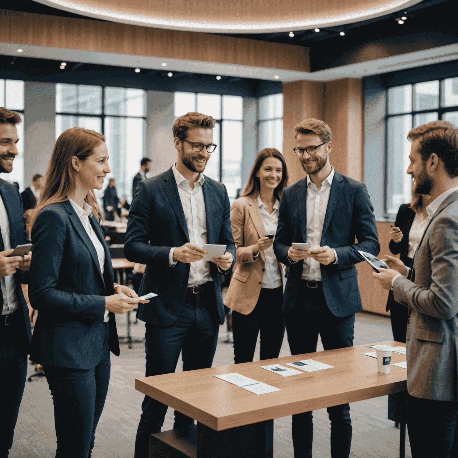 A group of fintech professionals networking in a modern conference hall, exchanging business cards and engaging in animated discussions about digital banking innovations