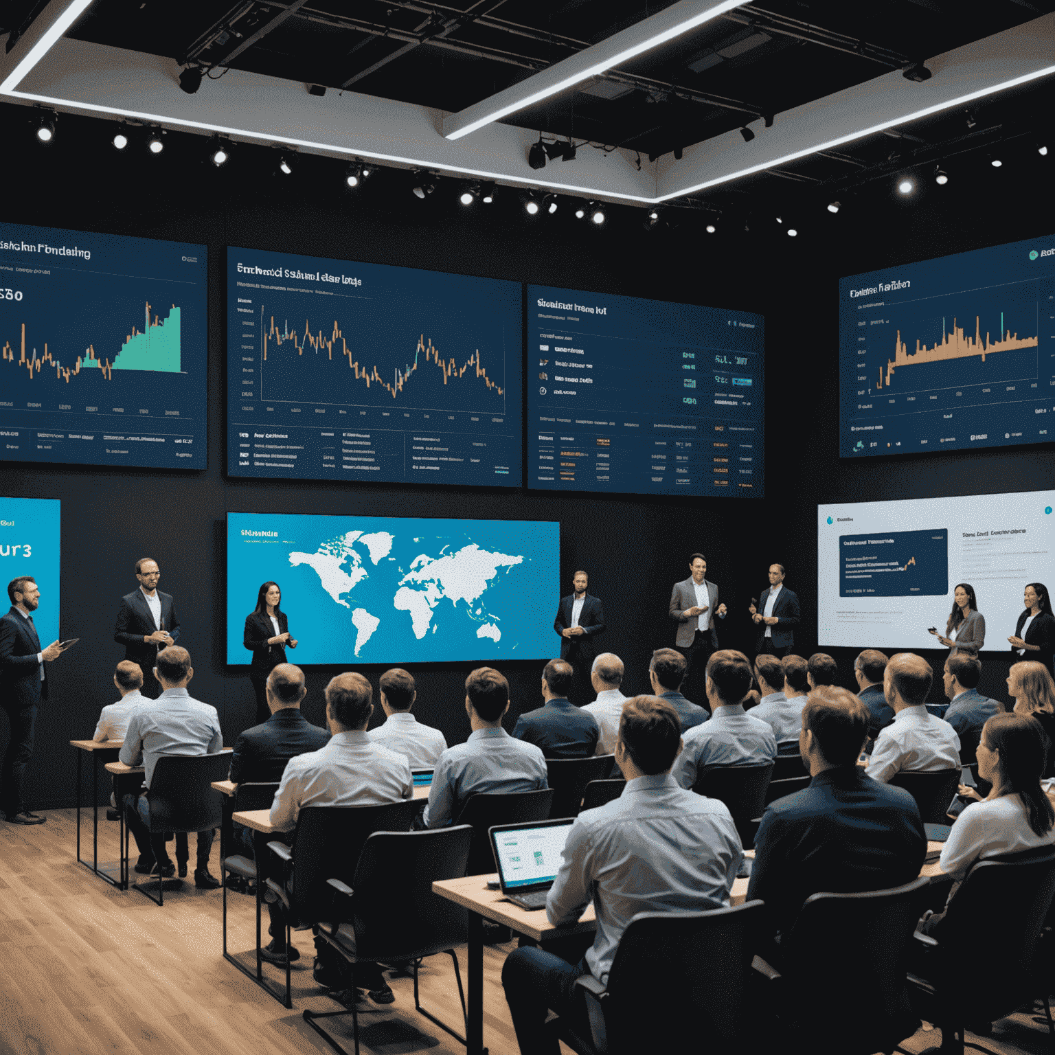 A diverse group of startup founders presenting their fintech solutions on a modern stage with large screens displaying financial data and innovative UI designs. The audience consists of attentive investors and industry experts.