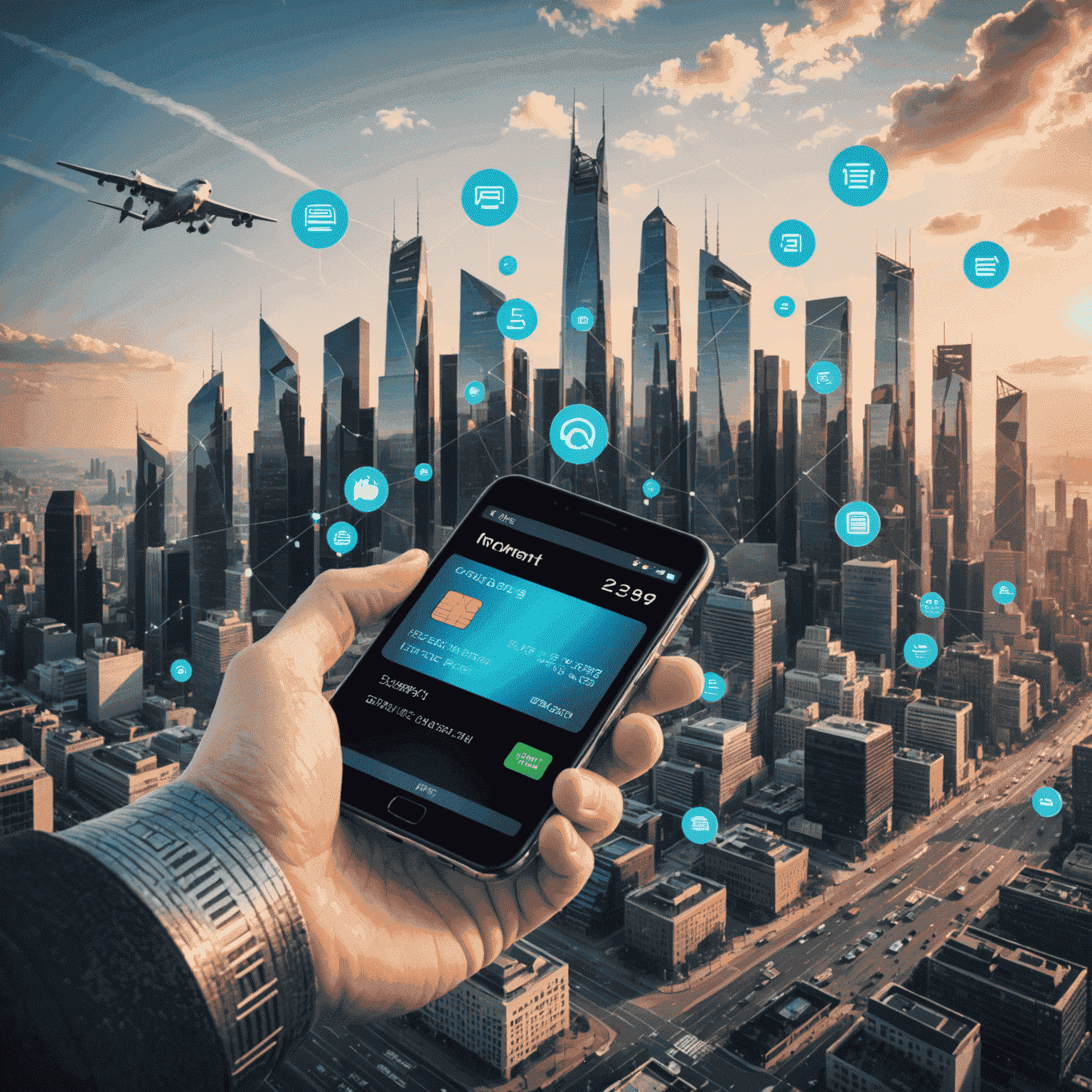 A collage of various digital payment methods including contactless cards, mobile wallets, and QR code payments, with a futuristic cityscape in the background