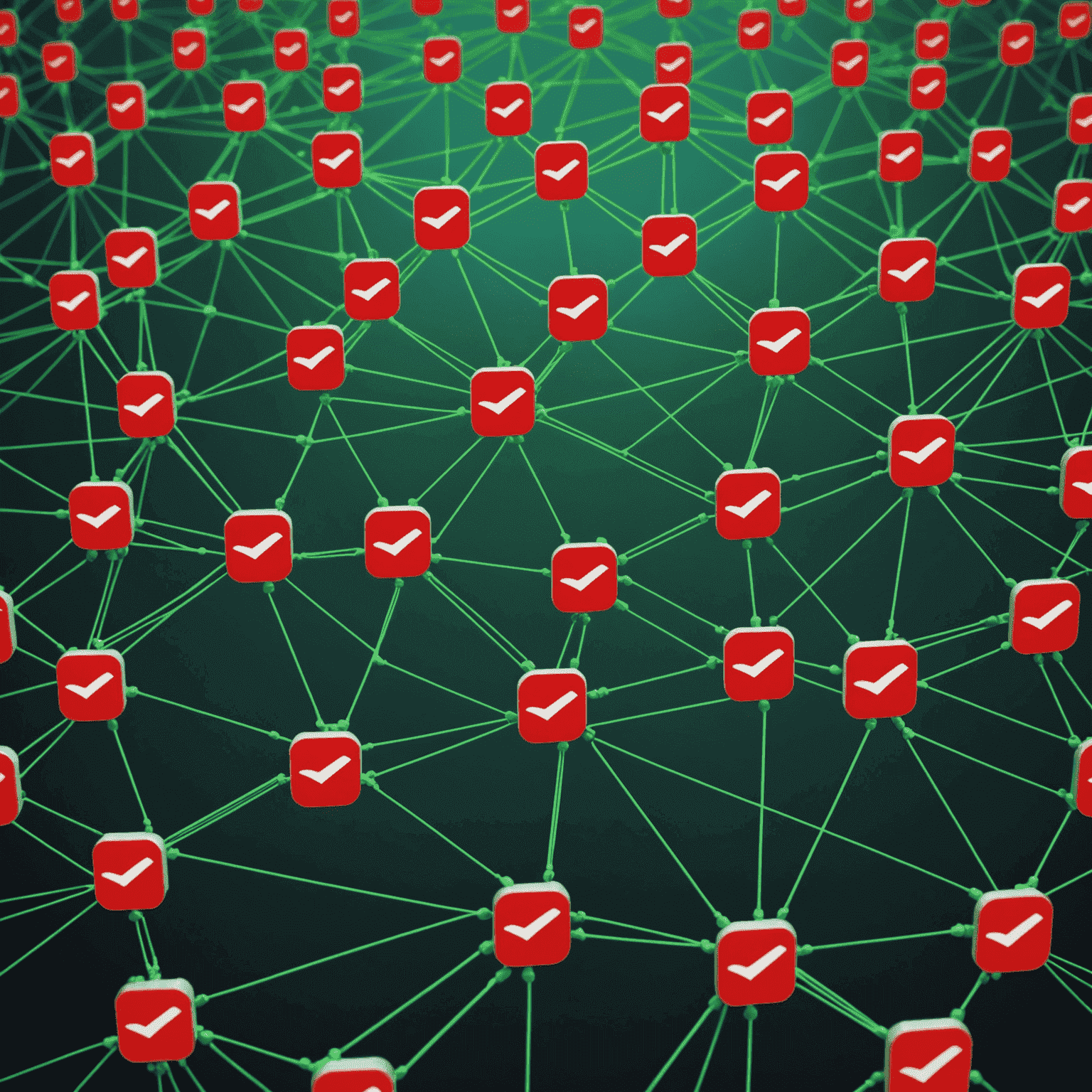 A visual representation of AI-powered fraud detection system in action. The image shows a network of interconnected nodes with red flags highlighting potential fraudulent transactions amidst a sea of green, legitimate ones.