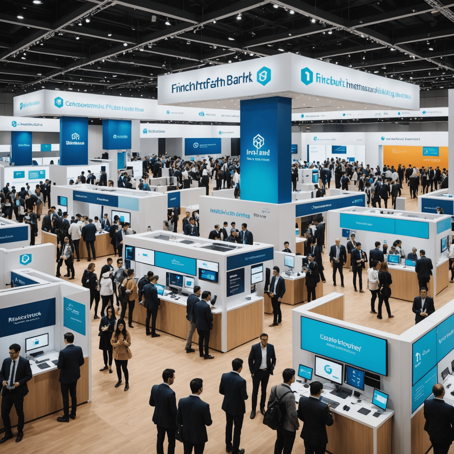 A bustling exhibition hall filled with booths showcasing the latest FinTech innovations and digital banking solutions