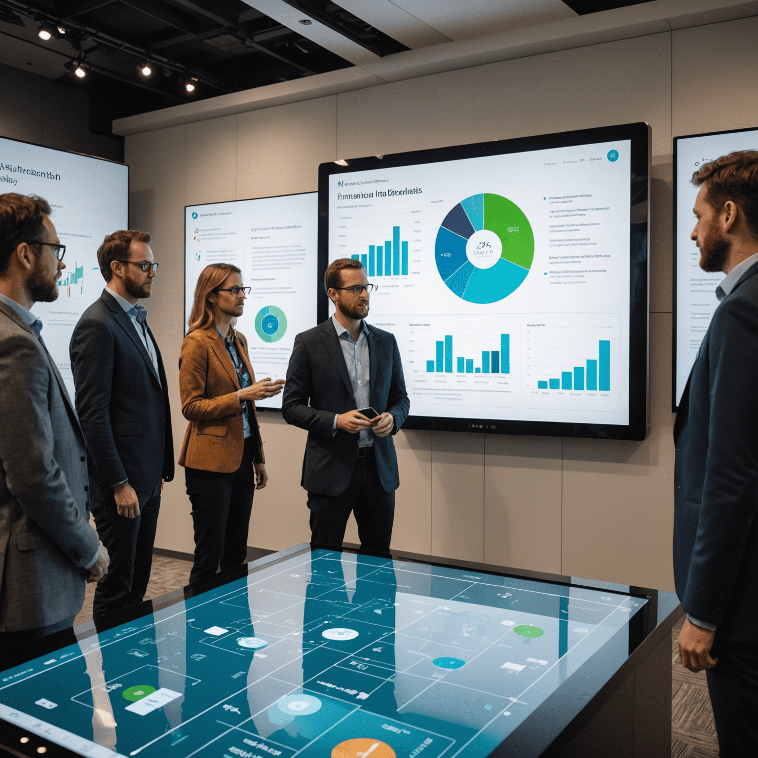A group of attendees gathered around a large interactive touchscreen display showcasing AI-powered financial analytics tools.