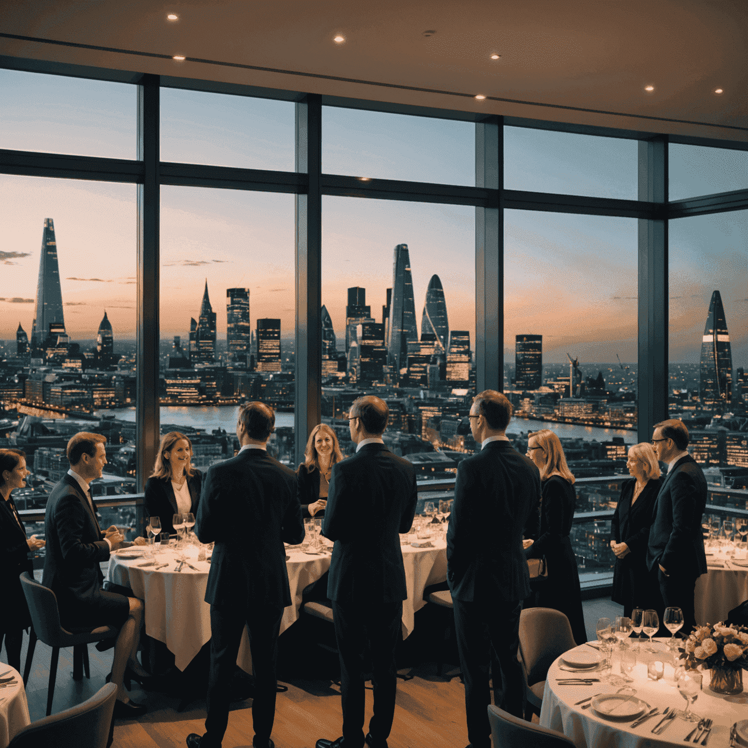 An elegant evening reception with fintech leaders and banking executives mingling, with London's skyline visible through large windows