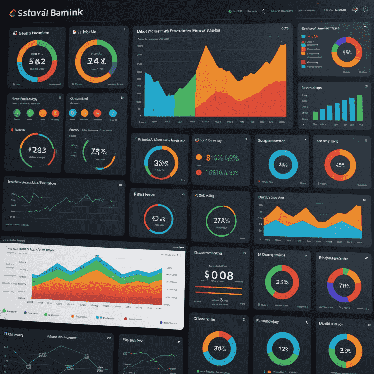 A sophisticated dashboard showing AI-driven predictive analytics for risk management in banking. The image displays various charts, heat maps, and risk scores, with AI suggestions for mitigating potential financial risks.