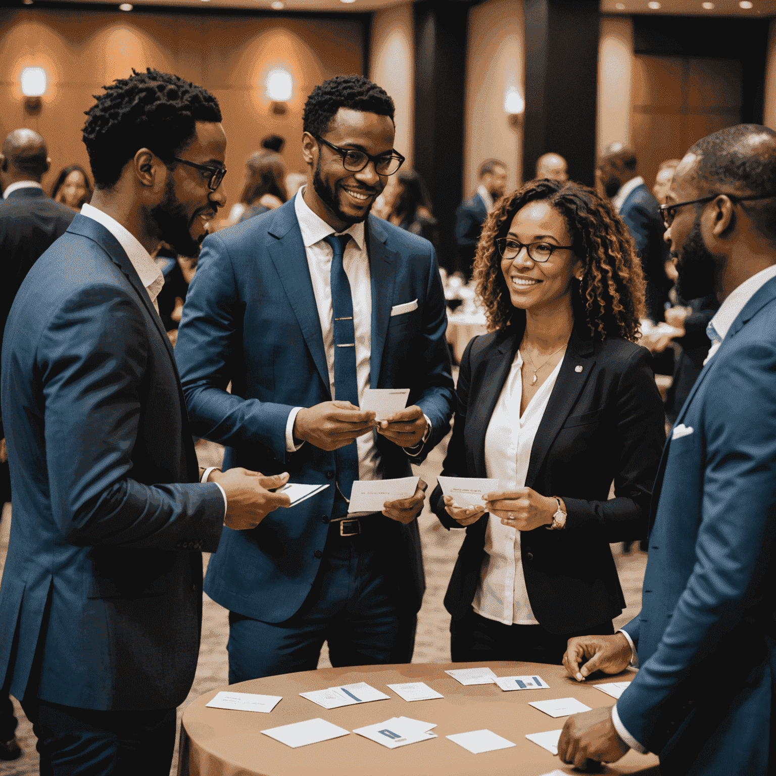 A sophisticated networking event with finance professionals engaging in discussions, exchanging business cards, and forming valuable connections