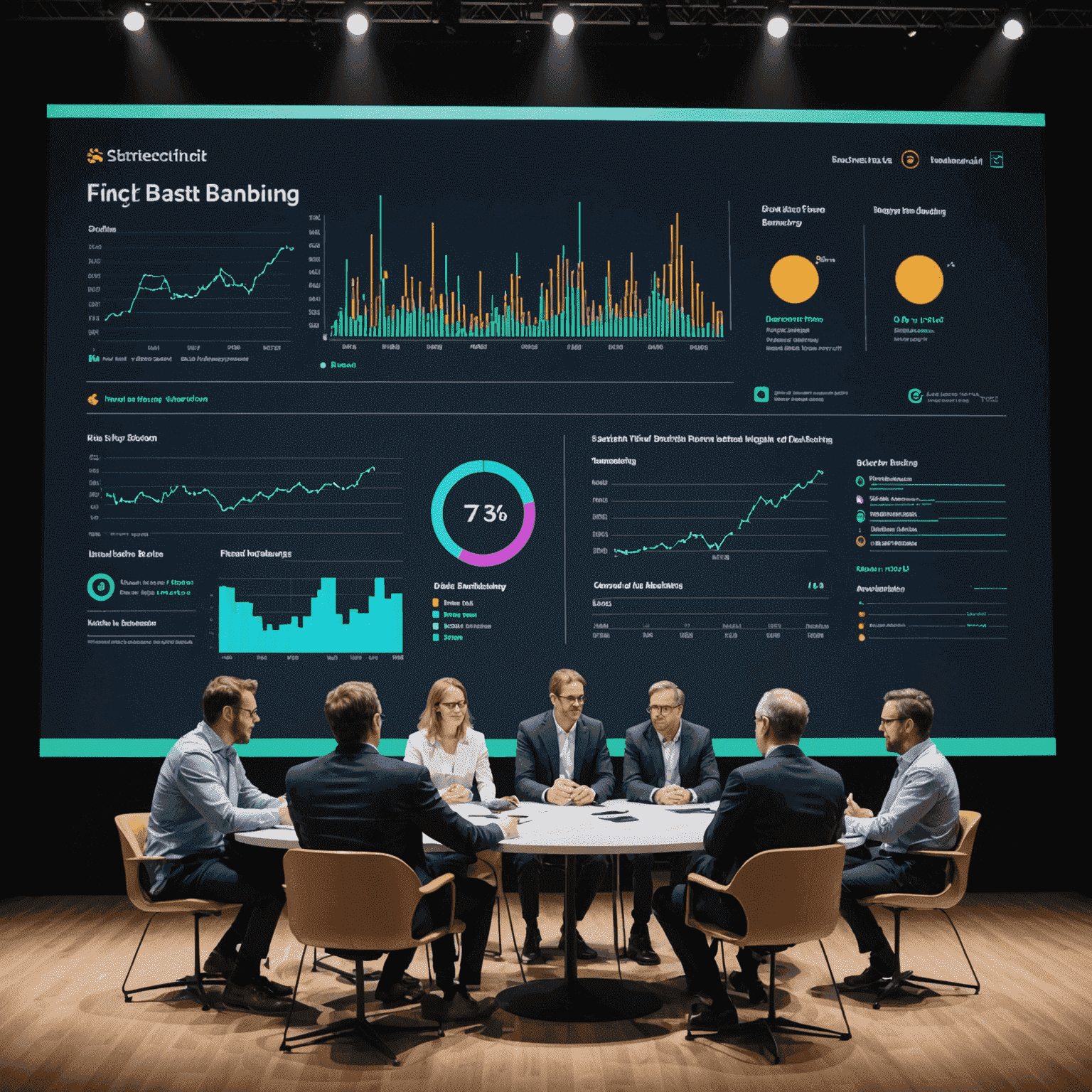 A panel of FinTech experts discussing the future of digital banking on a stage with a large screen displaying data visualizations behind them.