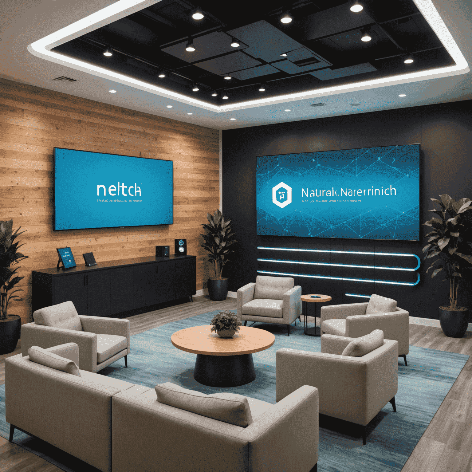 A tech-themed lounge area with comfortable seating, interactive displays showcasing fintech innovations, and small groups engaged in focused conversations
