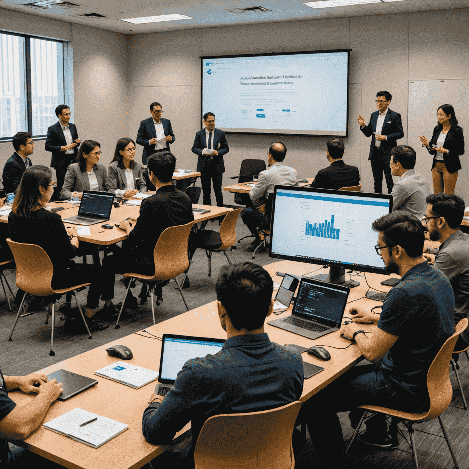 An interactive workshop session with participants engaged in hands-on activities related to AI in finance and blockchain applications