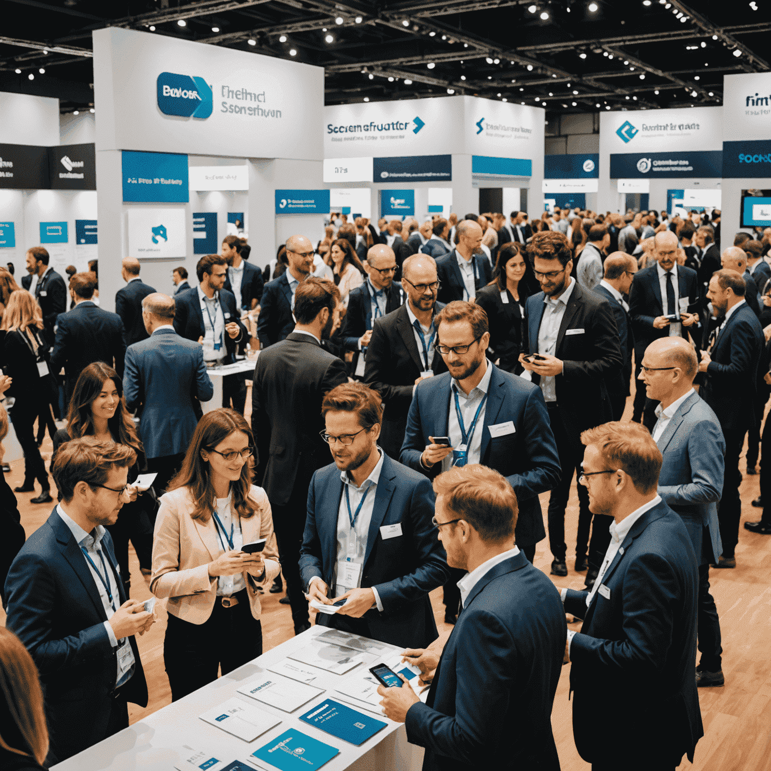 A bustling networking area within the exhibition hall, with attendees exchanging business cards and engaging in discussions amidst FinTech company booths.