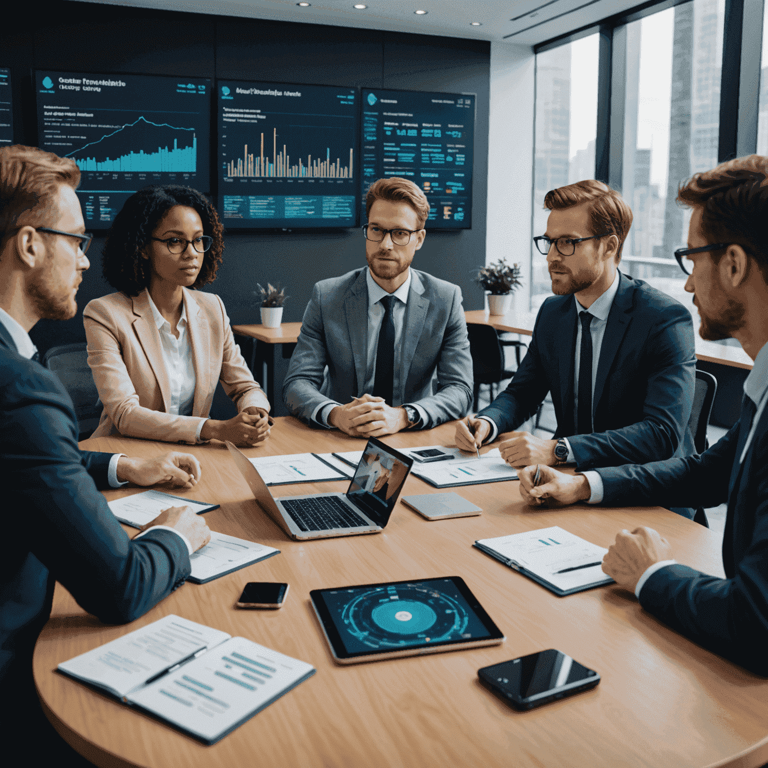 A diverse group of fintech professionals participating in a structured roundtable discussion, with digital displays showing financial data and AI algorithms