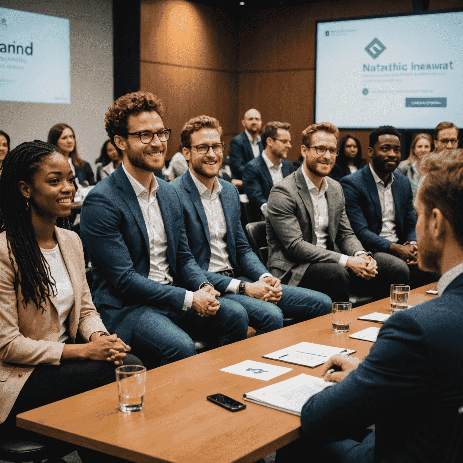 A dynamic startup pitch event with young entrepreneurs presenting their FinTech innovations to a panel of industry experts and investors